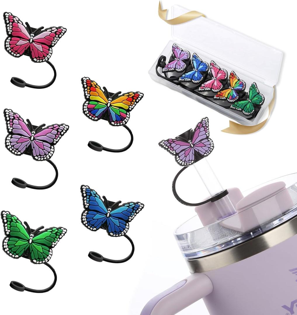 3 x 5Pcs Butterfly Straw Toppers f 9-10mm Straws, Silicone Straw Cover Cap for Stanley Cup Accessories, Purple Pink for Stanley Tumbler 40&30 oz, Reusable Straws Tops Compatible 10mm