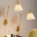 Plug in Wall Sconces Set of Two, Gold Swing Arm Wall Lamp with 6.6FT Plug-in Cord and Knob Switch, Fabric Hardwired Wall Lights for Bedroom, Reading, Study Room, Office, Living Room (2 Pack)