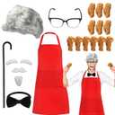 Halloween Old Man Costume Accessory White Wig Beard Mustache Set with Red Bib Aprons Glasses Walking Cane Bow Tie Fried Chicken for Halloween Cosplay Contest Party
