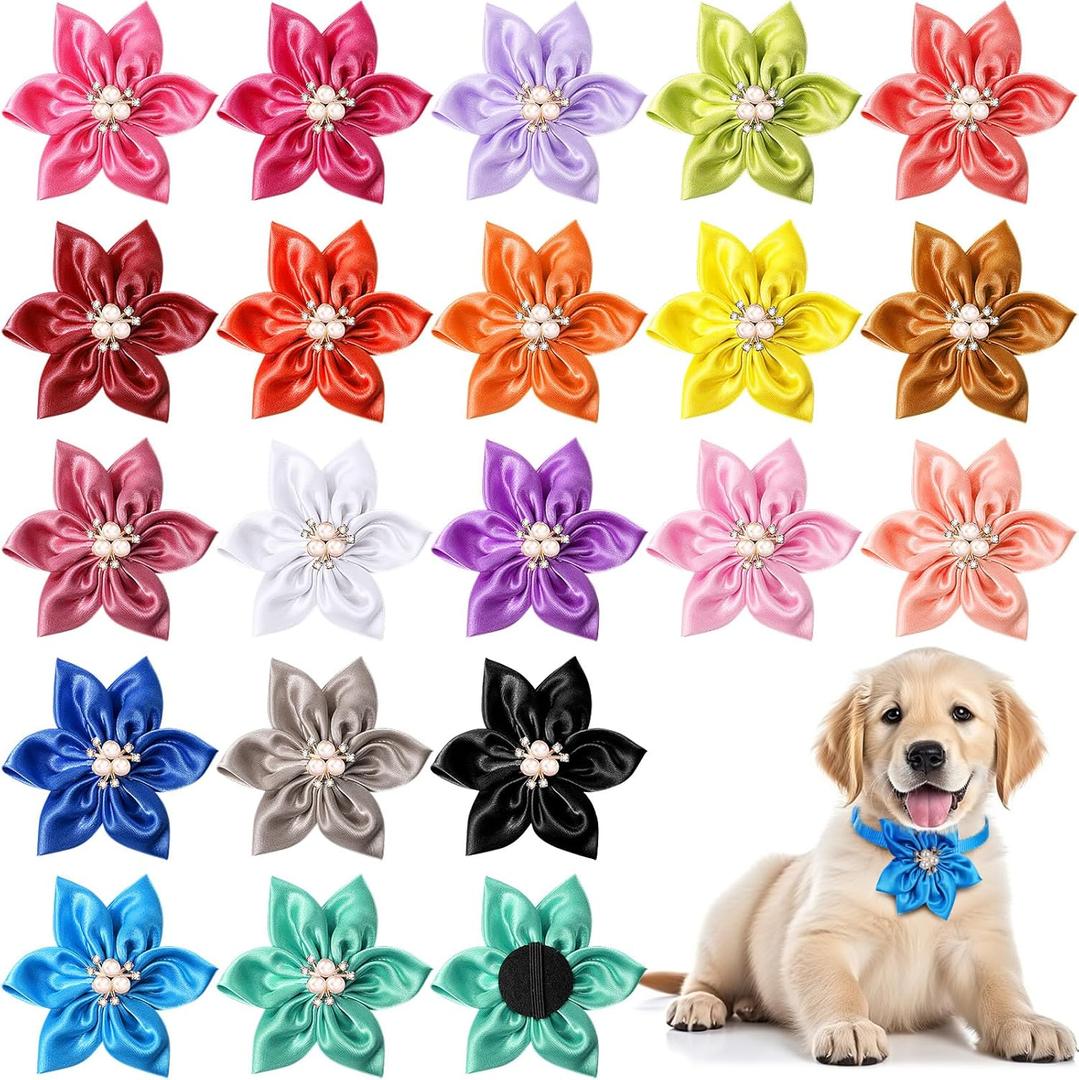 Reginary 20 Pcs Dog Collar Flowers, Pet Flower Bow Ties Multi Color Dog Charms Flower 3.35 Inch for Puppy Cat Pet Collar Grooming Accessories