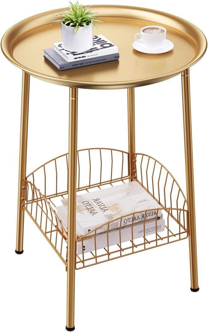 Small Outdoor Side Table, 2-Tier Round Metal Patio Table, Accent Table Waterproof, Weather Resistant End Table for Yard Porch Pool Balcony Garden Bedside (Gold)