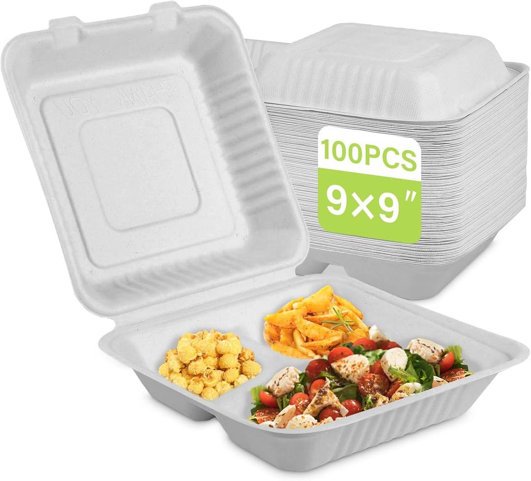 9x9 Clamshell Food Containers, 100 Pack Disposable Take Out Food Container With 3 Compartments, Compostable To Go Boxes, Eco Friendly To Go Containers With White Bagasse