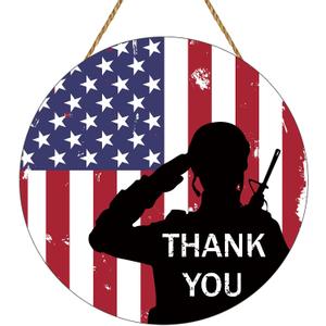 Memorial Day Decorations Patriotic Wreath American Soldier Salute Thank You Hanging Sign Memorial Day Wreath Wooden Front Door Hanger 4th of July Decorations for Porch Wall Indoor Home Decor