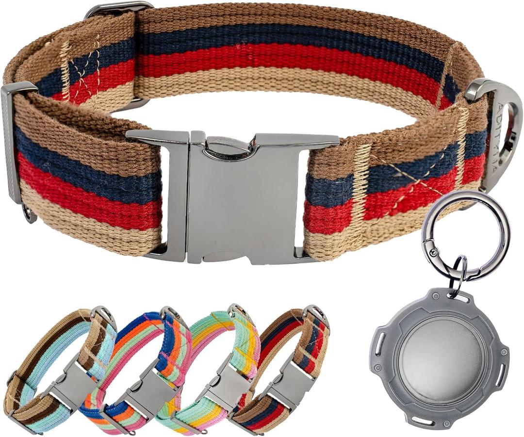 ADITYNA Cotton Dog Collar with AirTag Holder - Heavy-Duty Metal Buckle, Breathable, Easy Adjustable for Medium & Large Breeds - for Walking, Training (Vintage Stripes, Fits 15-21" Necks)