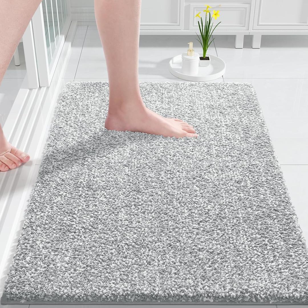 Yimobra Bathroom Rugs Mat, Extra Soft Comfortable Bath Rugs, Non-Slip, Water Absorbent and Thick Bathroom Floor Mats, Machine Washine, Shaggy Rugs for Shower Bathtubs, 32" x 20", Grey&White