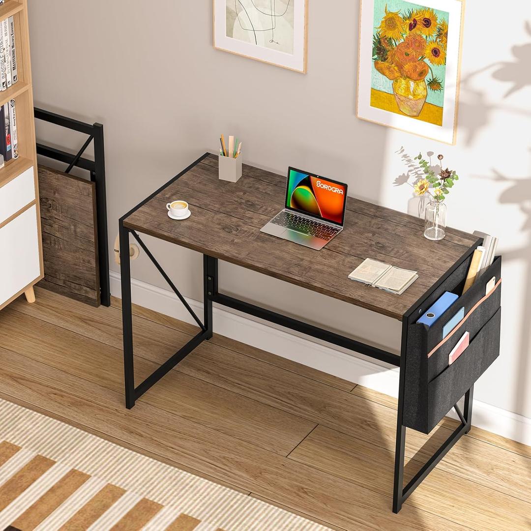 Folding Desk with Storage Pocket for Small Spaces, 39.4 Inch Foldable Desk with Headphone Hook for Bedroom Home Office, Portable Writing Table, Easy Assembly, Brown