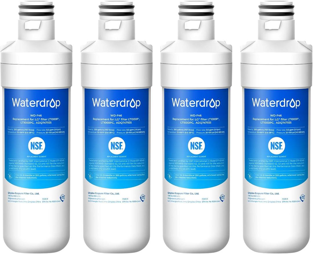 Waterdrop LT1000PC ADQ747935 MDJ64844601 Refrigerator Water Filter, Reduce chlorine, bad taste and odor, Replacement for LG LT1000P, ADQ74793501, ADQ74793502, Kenmore 46-9980, Pack of 4
