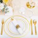 DaYammi 210PCS Gold Plastic Dinnerware Set Gold Plates Disposable Disposable Plates for Party Include: 30 Dinner Plates,30 Dessert Plates,30 Pre Rolled Napkins with Gold Silverware,30 Cups for Wedding