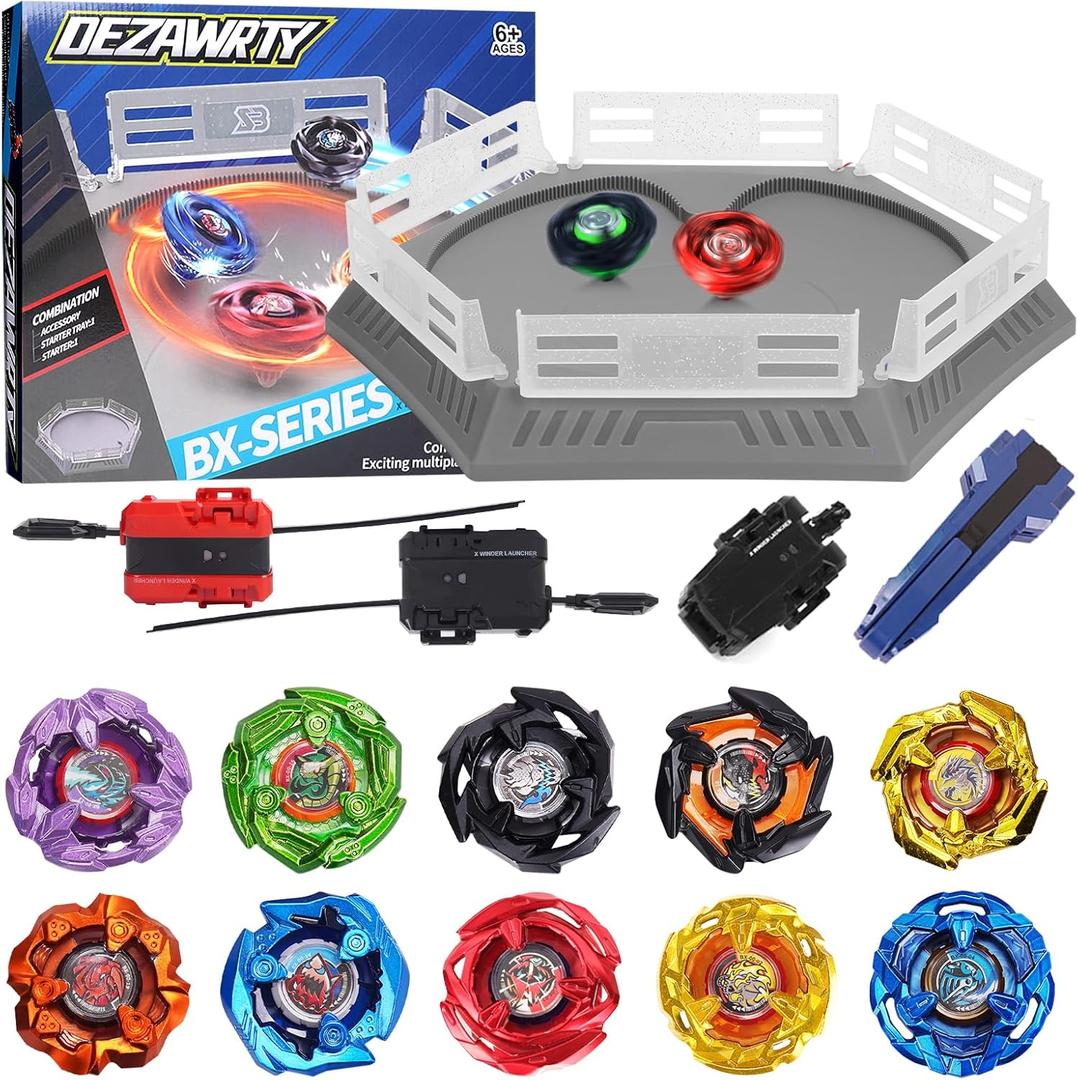 Gyro X Stadium Battling Set, 10 Spinning Tops, 3 Launchers, 1 Grip and Arena with X Acceleration Rail, Boys Toys Kids Birthday Gift Ideals, 6+ Years Old (Grey)