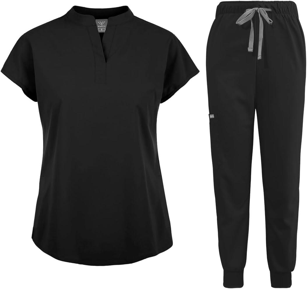niaahinn Scrubs Set for Women Nurse Uniform Jogger Suit Stretch Top & Pants with Multi Pocket for Nurse Esthetician Workwear (Small, Black)