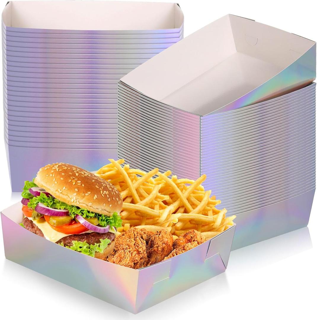 Mifoci 50 Pcs Metallic Iridescent Party Paper Food Trays 5 lb Large Metallic Food Boats Nacho Plates Disposable Serving Snack Trays for 2026 Graduation Birthday Party Dinner Supplies