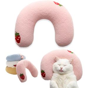 U-Shaped Calming Pillow for Cats and Dogs - Super Soft Plush Fabric, Cozy Headrest, Neck Support for Deep Sleep, Kitten Headrest, Pet Bed (Pink)