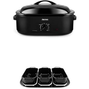 AROMA 18Qt. Roaster Oven and Buffet Tray Bundle - Perfect for Slow Roasting, Baking, and Serving | Includes 18Qt. Roaster Oven (ART-718B) and 3-Compartment Buffet Server (ART-002)