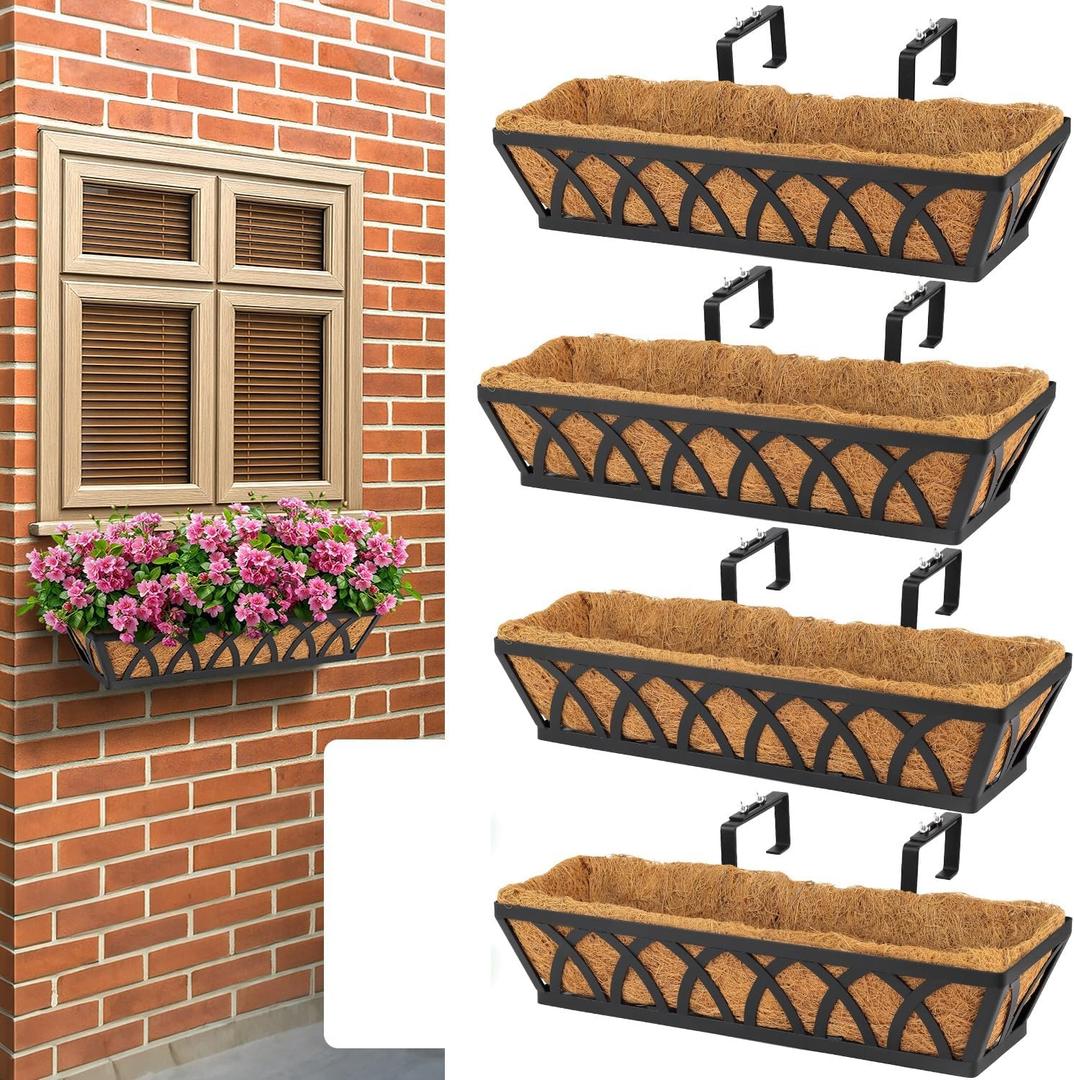 4 Pack 36IN Window Box Railing with Adjustable Brackets, Hanging Flower Planter Basket with Coco Liner for Outdoor Balcony Porch Fence Patio (Black)