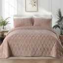 KASENTEX Velvet Oversized California King Quilt Set 112"x106", Luxury Lightweight Geometric Stitched bedspreads Coverlet King Size Oversized with 2 Pillow Shams, All-Season Quilt Set, Pink Brown