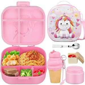 Aimsnk Kids Lunch Box Set -12oz Insulated Food Jar, Thermal Bag,Leakproof Lunch Food Containers Cutlery (BPA Free)-Gift for Girls/Boys Age 3-10(Pink+Pink Jar)