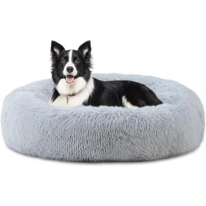 ELSKER&HOME Calming Dog Bed,Donut Washable Warming Soft Round 39 inches Dog Beds for Large Dogs,Anti-Anxiety Fluffy Plush Cushion Bed Fits up to 120 lbs Pets (Grey)