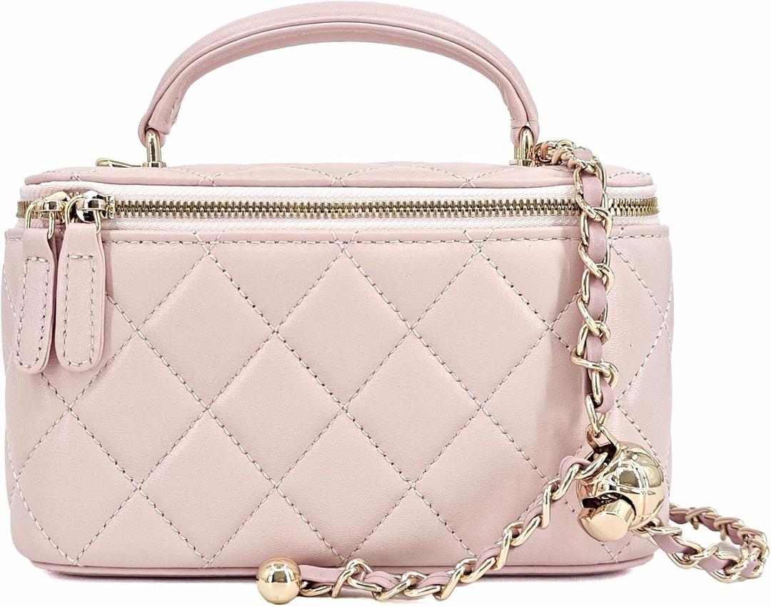 Small Genuine Leather Purse Quilted Crossbody Bag for Women, Mini Top-Handle Shoulder Handbag w/Gold Chain Strap