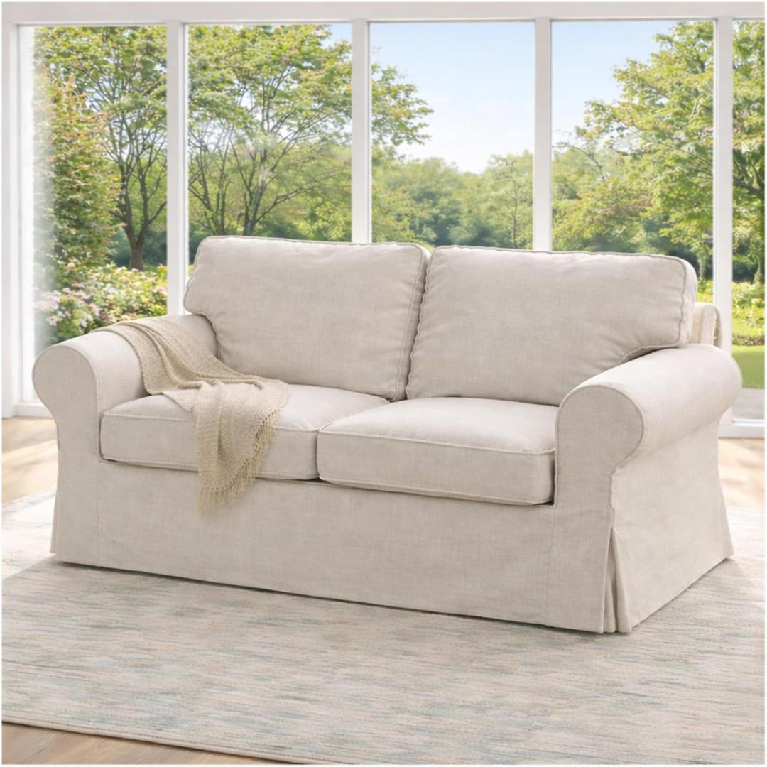 Heavy Duty Polyester Sofa Cover Only Replacement Compatible with IKEA Ektorp 3 Seat Sofa, Loveseat, Armchair, Sectional Corner, Chaise or Footstool Ektorp Slipcover (Beige Polyester 2)