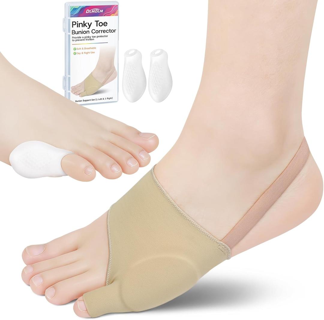 Tailors Bunion Corrector, 1 Pair Bunionette Sleeves with Built-in Gel Pads Cover Guard for Pinky Toe Pain Relief, Non-slip Strap, Soft and Breathable, Includes 2 Tailor's Bunion Corrector Pads (Beige)