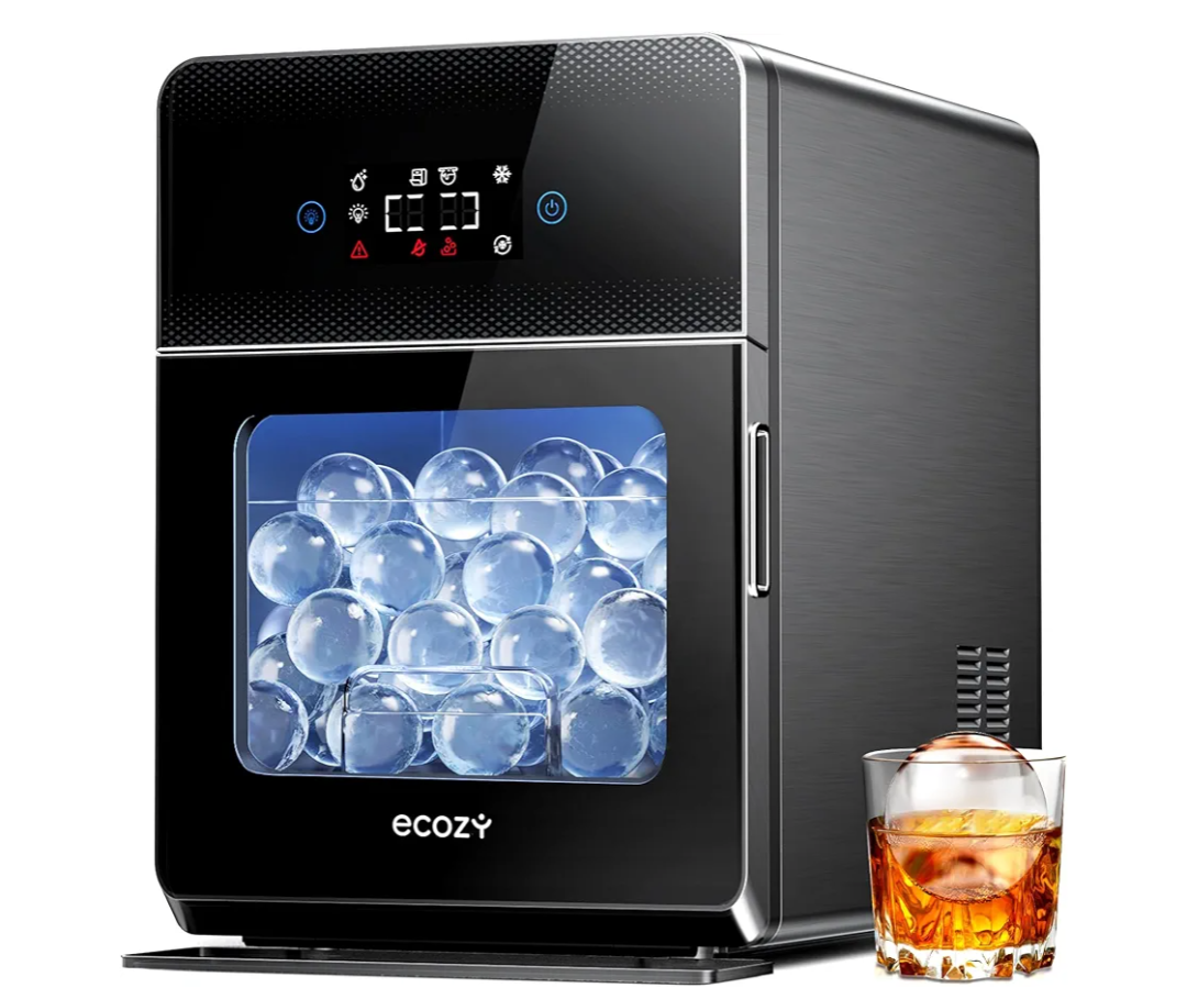 ecozy 2" Clear Ice Ball Maker with CrystalFlux Technology, 4 pcs in 40 Mins, 144 pcs/Day, Sphere Ice Maker with Enhanced Insulation, Automatic Water Supply, Self-Cleaning for Whiskey & Bourbon
