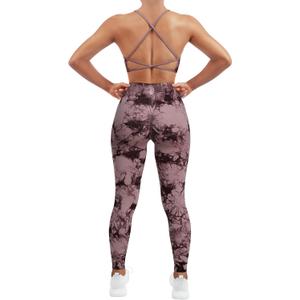 SUUKSESS Women Seamless 2 piece Workout Sets Strappy Padded Sports Bra Booty High Waisted Leggings Outfits (Wine Red Tie Dye,M) (M)