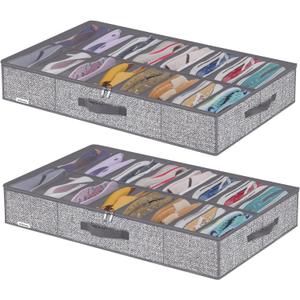 Onlyeasy Sturdy Under Bed Shoe Storage Organizers with Handles & Clear Window (16 to 32 Pairs) 2 Pack, Closet Shoes Containers Boxes for Kids & Adults, 37.7"x23.6"x5.9", Linen-like Grey, MXDUBS16P2