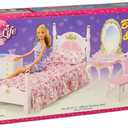 My Fancy Life Dollhouse Furniture Set, Bedroom and Beauty Play Set, White and Pink with Floral Bedding