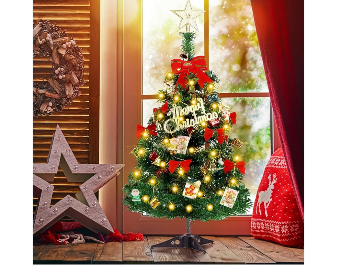 Small Christmas Tree with Lights and Ornaments, 60cm Tabletop Mini Christmas Tree with Light, Star Topper, DIY Artificial Tabletop Xmas Tree for Office Home Indoor Decoration