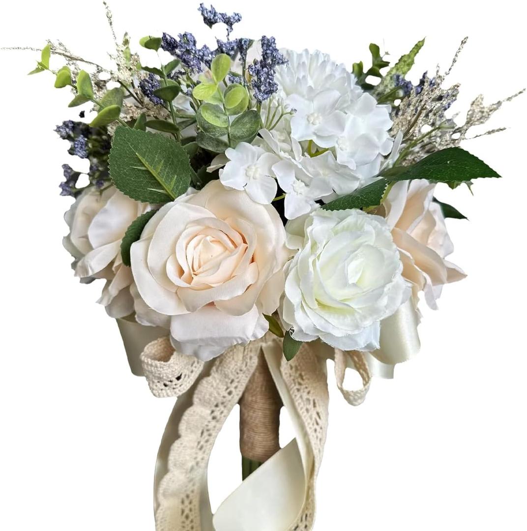 White Bridal Bouquet for Bride, 9Inch Ivory Wedding Bouquets for Bride, Artificial Roses Flowers Wedding Decoration