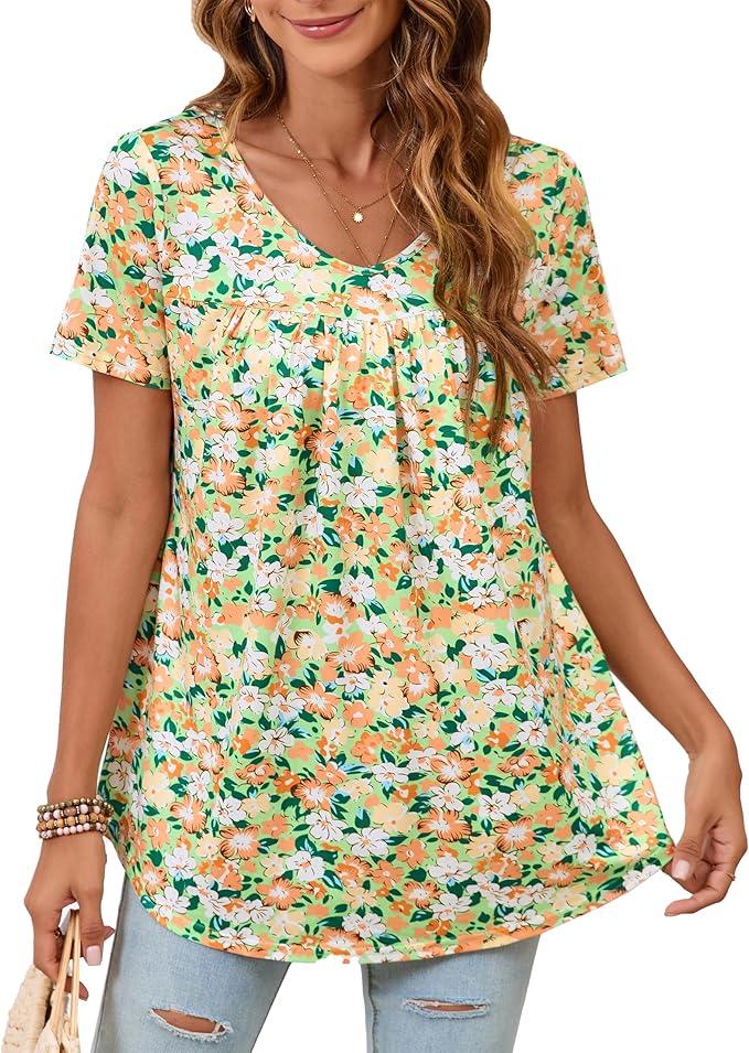 ENMAIN Womens Tunic Tops Short Sleeve Dressy Plus Size Blouse Swing Summer Casual V Neck Loose Top to Wear with Leggings 3XL
