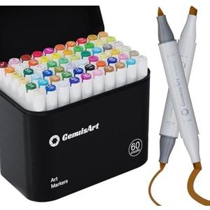GenuisArt 60 Alcohol Markers,With Bleeding-Proof Drawing Mat,Dual Tips Art Markers for Coloring,Sketching,Card Making and DIY Patinting- Perfect for Painting Enthusiast -Refillable