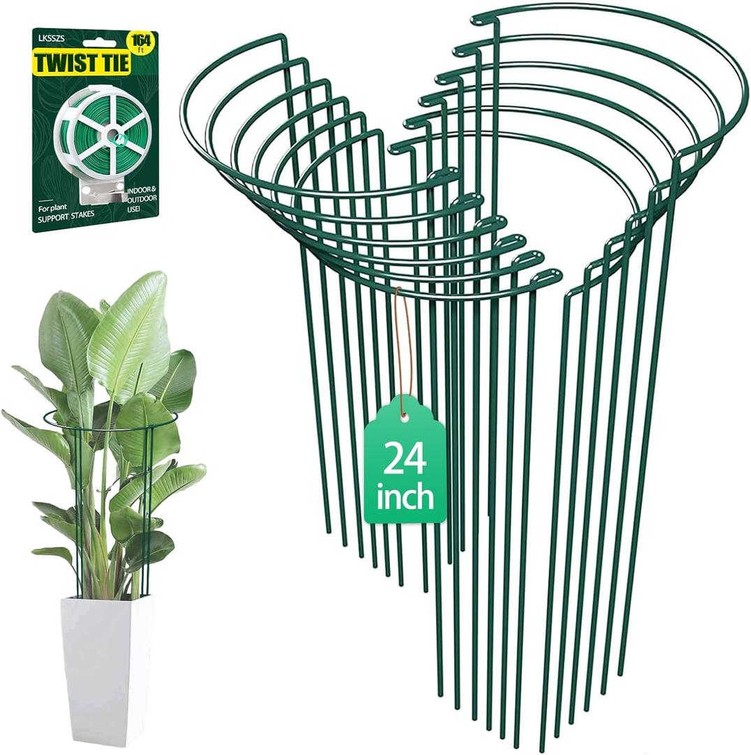 12 Pack 24 inch Plant Support Stakes, Half-Round Metal Garden Flower Stakes, Large Peony Support Ring and Cage for Indoor and Outdoor Plants, Hydrangea, Tomato, Rose, Monstera with Plant Ties (24INCH-12PACK)