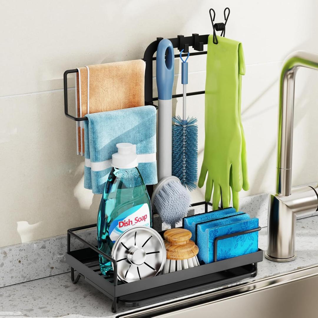 GSlife Sink Caddy Kitchen Sink Organizer - Large All-in-One Sponge Holder with Towel Holder, Rust Resistant Countertop Caddy with Drip Tray and Hooks for Brush, Gloves, Drying Hanger, Black, Large with Towel Bar and Hooks