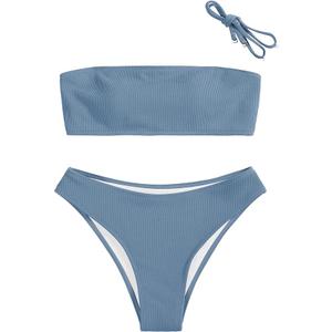 ZAFUL Women Strapless Ribbed High Cut Bandeau Bikini Lace Up 2 Pieces Swimwear (Small, 1-haze Blue)