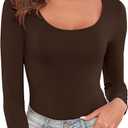Women's Lightweight Casual Body Suits Long Sleeve Scoop Neck Slim Fitted Basic Bodysuit Shirt (Coffee) L