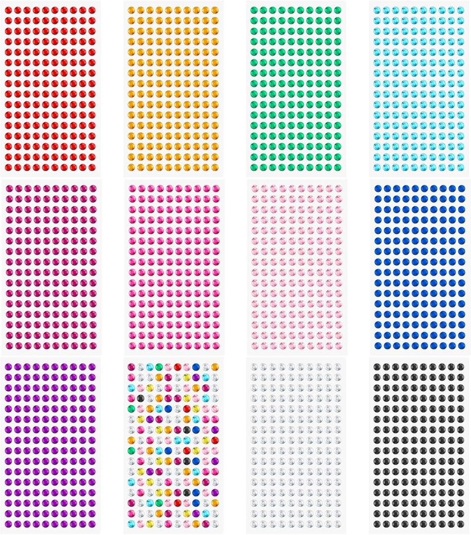 Gartful 5mm Rhinestone Adhesive Stickers, 12 Embellishment Sheet 1920 PCS Jewel Gem Stickers Multicolor Bling Diamond Craft Stickers for Scrapbooking, Handmade Gift, Crafts, Nail, Makeup, Body