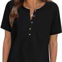 PRETTYGARDEN Waffle Knit Tops for Women Short Sleeve Henley Shirts 2026 Summer Blouses Dressy Casual Spring Fashion Clothes (Medium, Black)