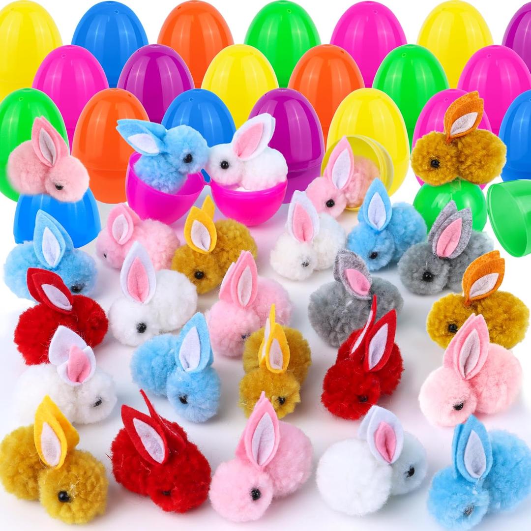 Grastfu 24 Pack Easter Eggs Fillers with Mini Bunny Plush Basket Stuffers with Toys Inside Bunny Mini Stuffed Animal, Easter Eggs Hunts Party Favors Surprise for Kids Toddlers Boys Girls