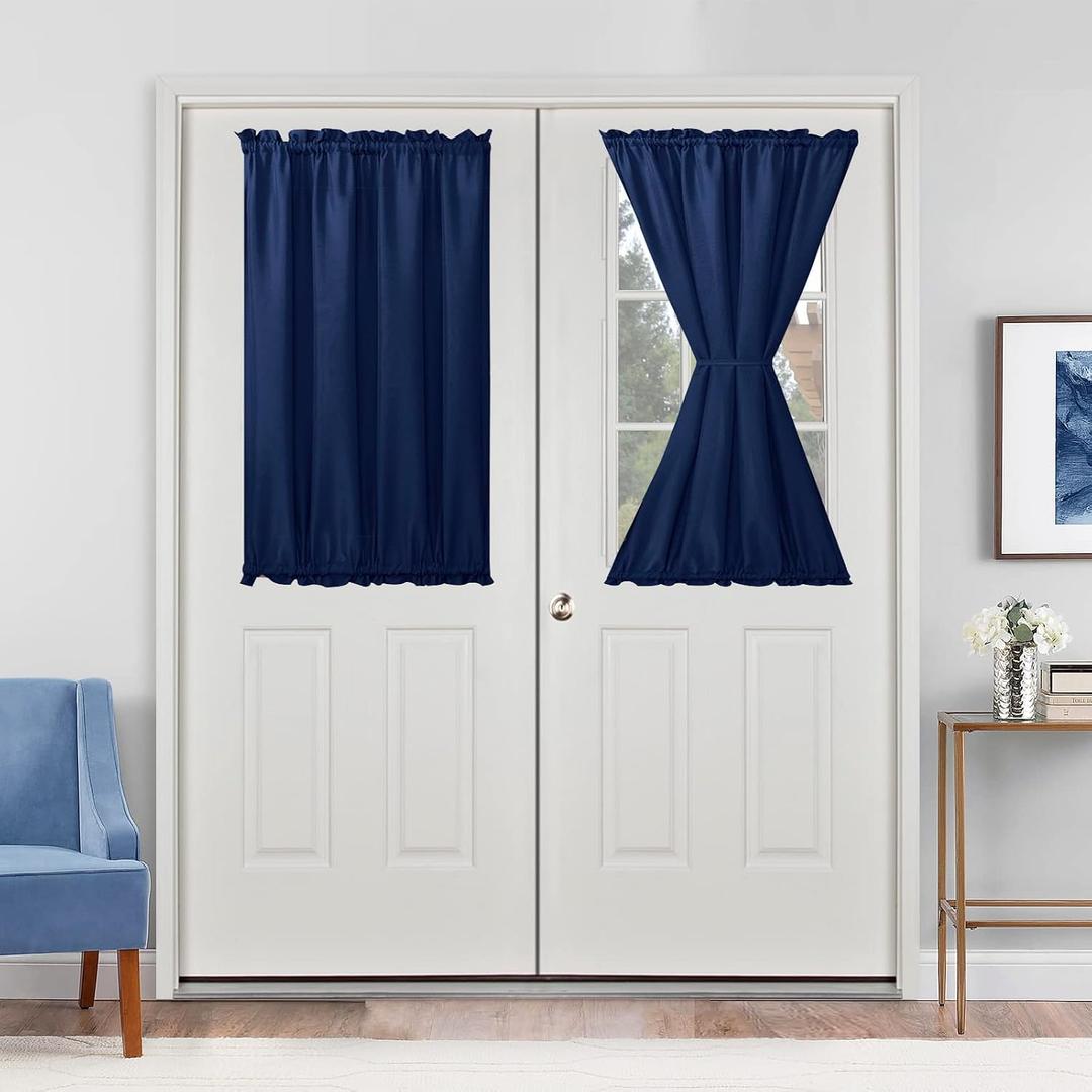 Hiasan French Door Curtains Privacy, Rod Pocket Semi Sheer Front Curtain for Door Window, 1 Panel (Navy Blue, W 24 inch x L 40 inch)
