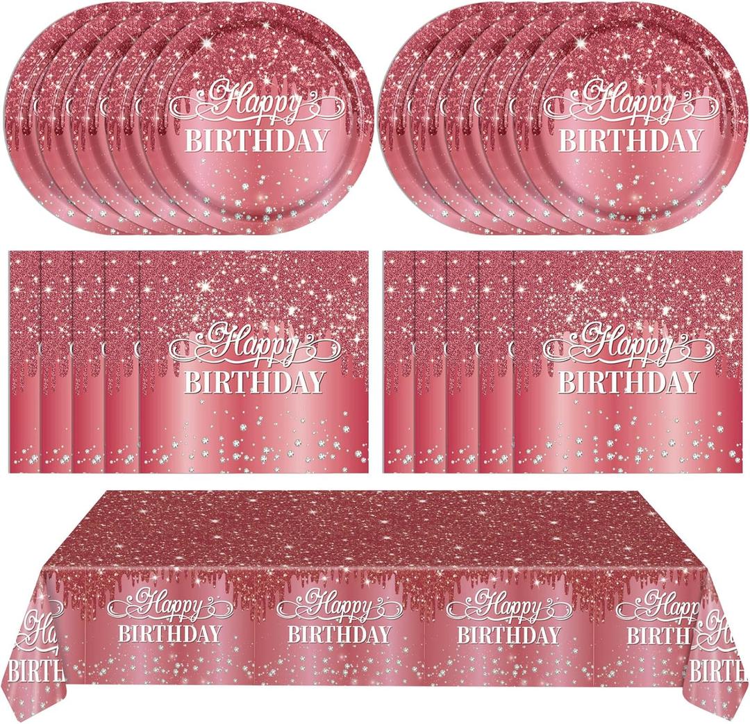 41PCS Happy Birthday Decorations Red Silver Diamonds Birthday Party Supplies Disposable tableware set Included Plates Napkins Tablecloth for Wedding Holiday