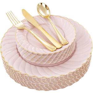 YOUBET 125Piece Pink Plastic Plates with Gold Rim  Scalloped Plastic Plates Set Includes 25 Dinner, 25 Dessert Plate, 75 Gold Silverware for 25Geusts for Wedding Birthday Parties & Baby Shower