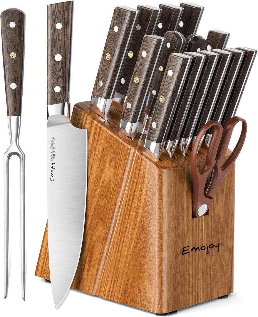 Knife SetEmojoy 16-Piece Kitchen Knife Set with Block, Knife Block Set with Kitchen Shears and Sharpener, High Carbon German Steel(Natural Wenge)