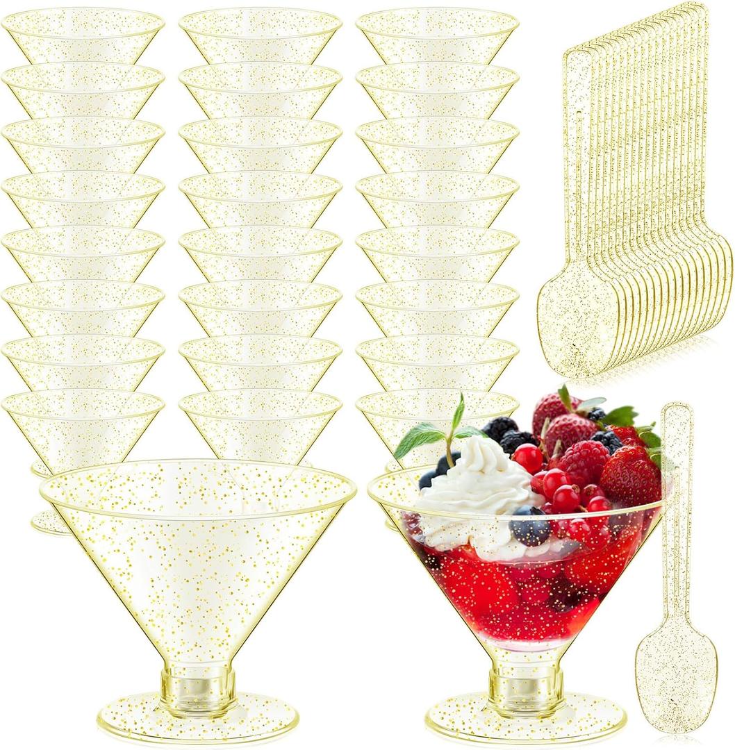 Yinkin 25 Cups and 25 Spoons Plastic Martini Glasses Disposable Cocktail Glasses Mini Martini Plastic Cups Dessert PVC Shot Unbreakable with Spoons for Weddings Party Wine Food (Glitter Gold,5 oz)