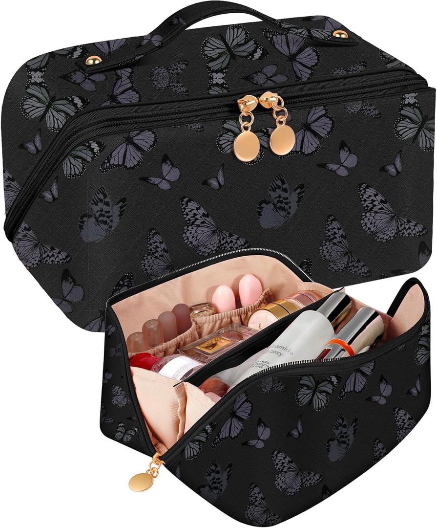 Bistup Makeup Bag Travel Cosmetic Bag Toiletry Make Up Bags Cute Women Large Capacity Big Medium Leather Butterfly Aesthetic Portable Teen Girl Teenage Foldable Expandable Compact Open Flat Zip (4-Black Butterfly)