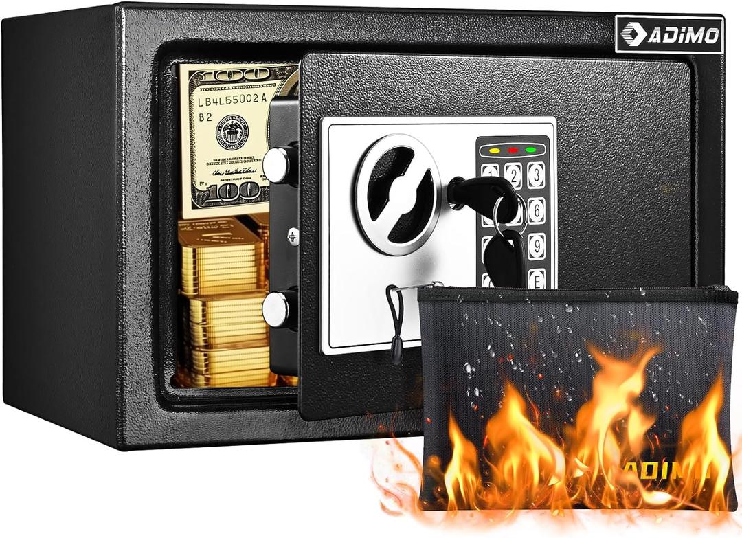 ADIMO Safe Box for College Dorm Room with Fireproof Waterproof Bag, Money Safe with Keys & Pass Code & Wall Mount Kits, Hidden Home Safe for Money, Jewelry, and Documents-0.5 Cubic Feet