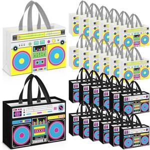 Locmeo 24 Pcs 80s90s Party Favor Bags Non Woven Retro Radio Grocery Bags for Hip Hop Birthday Disco Rock Party (Black,Yellow)