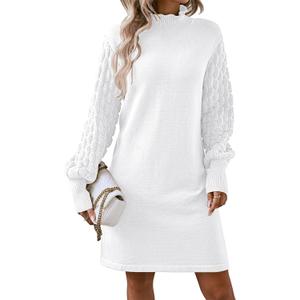 HUUSA Winter Dresses for Women 2024 Fall Puff Long Sleeve Sweaters Loose Mock Neck Outfits Sexy Mini Dress Going Out (Medium, White)