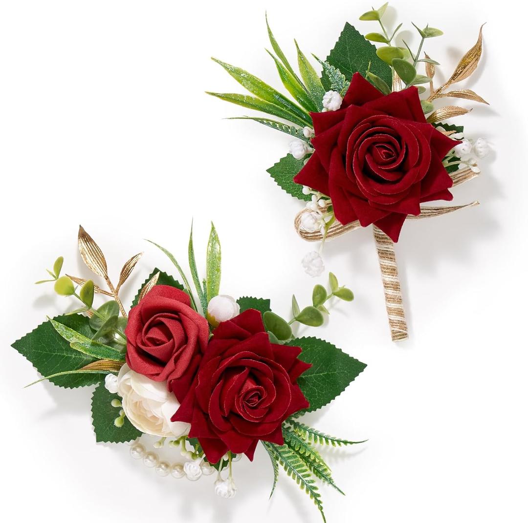 Serwalin Red Rose Corsage and Boutonniere Set, Boutonniere for Men and Wrist Corsage Wristlet Prom Homecoming Wedding Flowers Accessories Party Suit Decorations (red)