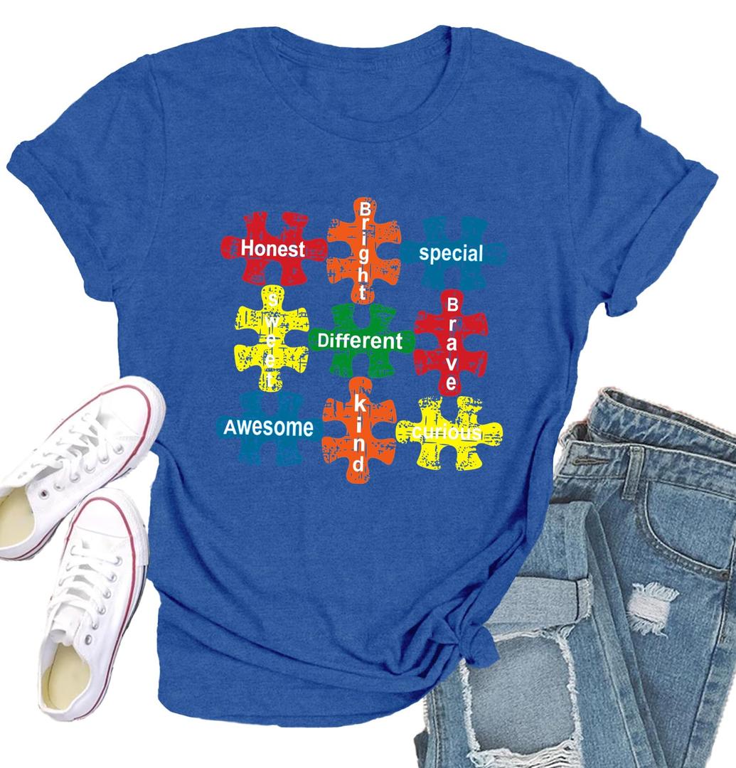 Qskall Autism Awareness Shirt for Women: Autism Puzzle Piece Tshirt Autism Be Kind Tee Shirts